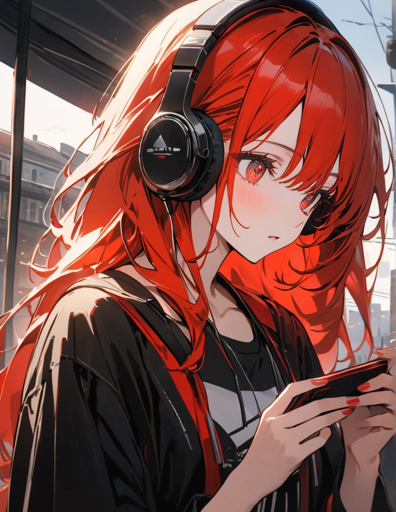 アニメ、デジタルアート、フラットデザイン、uhd, (masterpiece:1.2), best quality, highres, award winning, high details、Listening to music with headphones and lookinh her phone、Her hair is color red blowing in the wind and she has a calm expression.