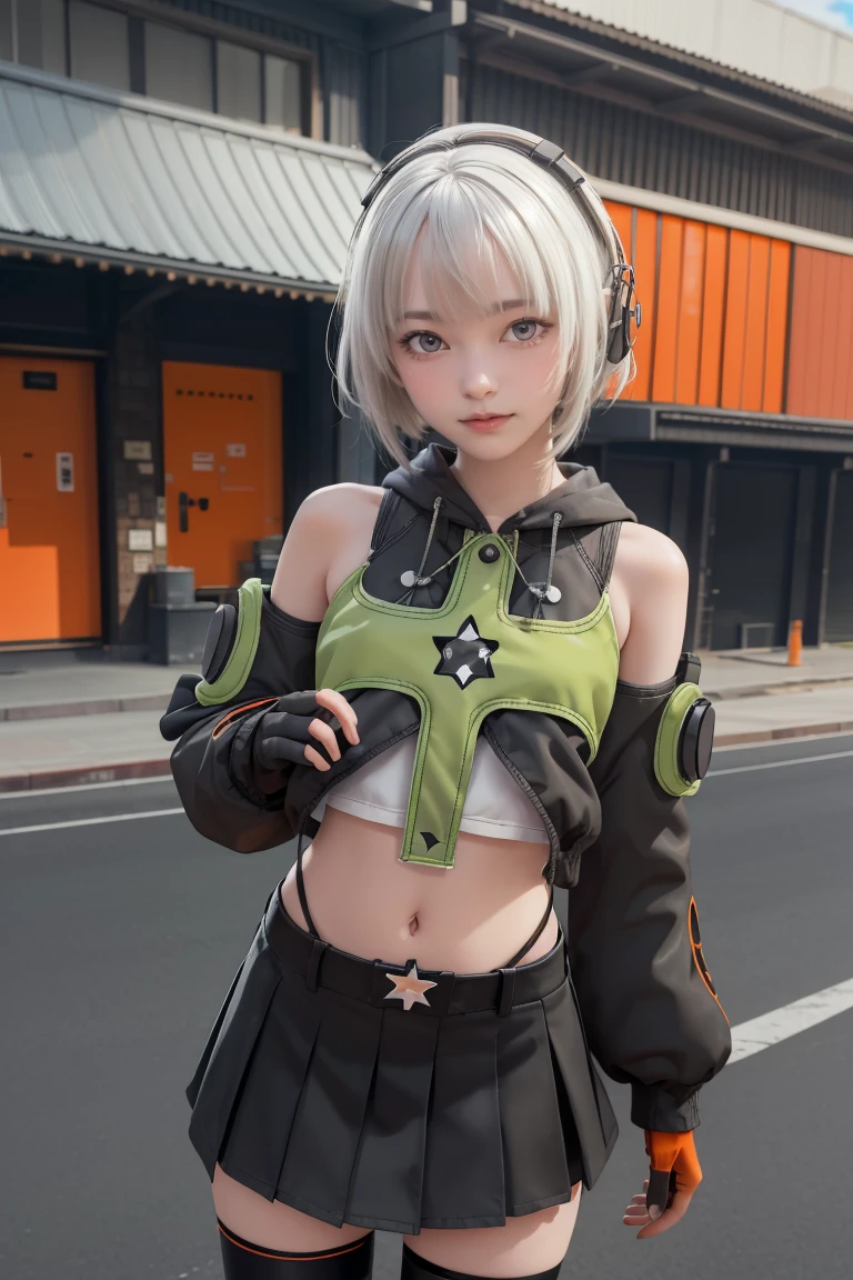 anbydemara, anby demara, (orange eyes:1.5), short hair, white hair,
BREAK bare shoulders, black gloves, black skirt, black thighhighs, fingerless gloves, gloves, green jacket, headphones, jacket, navel, skirt, stomach, thighhighs,
BREAK outdoors, city, sky, clouds, sun, buildings, crowd, people, alley,
BREAK looking at viewer, (cowboy shot:1.5),
BREAK (masterpiece:1.2), best quality, high resolution, unity 8k wallpaper, (illustration:0.8), (beautiful detailed eyes:1.6), extremely detailed face, perfect lighting, extremely detailed CG, (perfect hands, perfect anatomy),