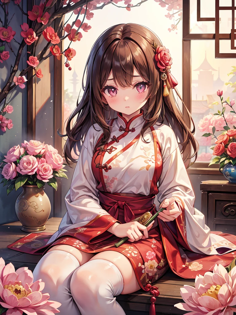One girl, alone, brown hair and big, expressive eyes. She is surrounded by peony, wearing a traditional Chinese blouse with complex patterns. The overall tone of the image is soft and pastel. With the touch of elegance, masterpiece, highest quality, very beautiful,