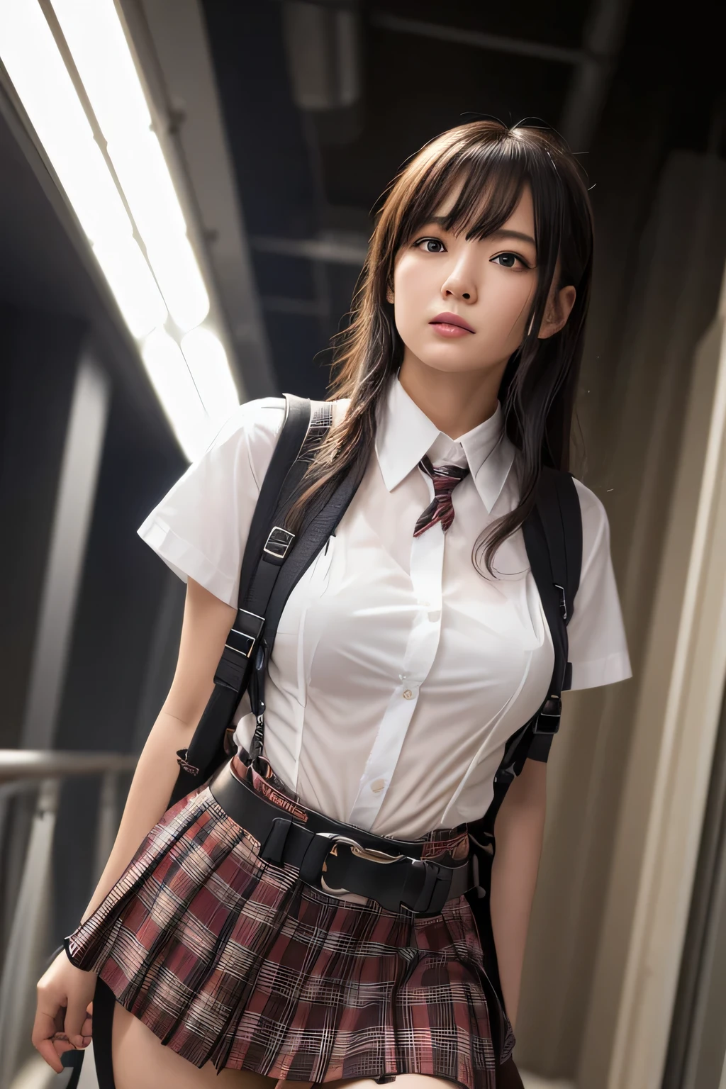1 female, , high quality, masterpiece, Ultra-high resolution, Cinema Lighting, 1 female, , high quality, masterpiece, Ultra-high resolution, , Cinema Lighting, suspenders　　　Moderate breasts　 　 　　　　　 　　　　Small face　 　　　　　　　　　　　Looking up　　　　Sweat 　　　Thin belt　buzzer　脇Sweat 　　　　 　Garter belt　　Belt on pants　　holster　 　　Hands behind your back　 　Looking up　Anxious face　Knee-high　Knee socks　Knee-highソックス 　garter　ふとももにGarter belt　Checkered mini skirt　 　　Panty shot　Skirt gap Armament　　　holster　holster 　　Hands behind your back　 Anxious expression　　Anxious face, legs apart　Armament　　Leg holster　holster　See-through clothing　heavy rain　Rain-soaked dress shirt,