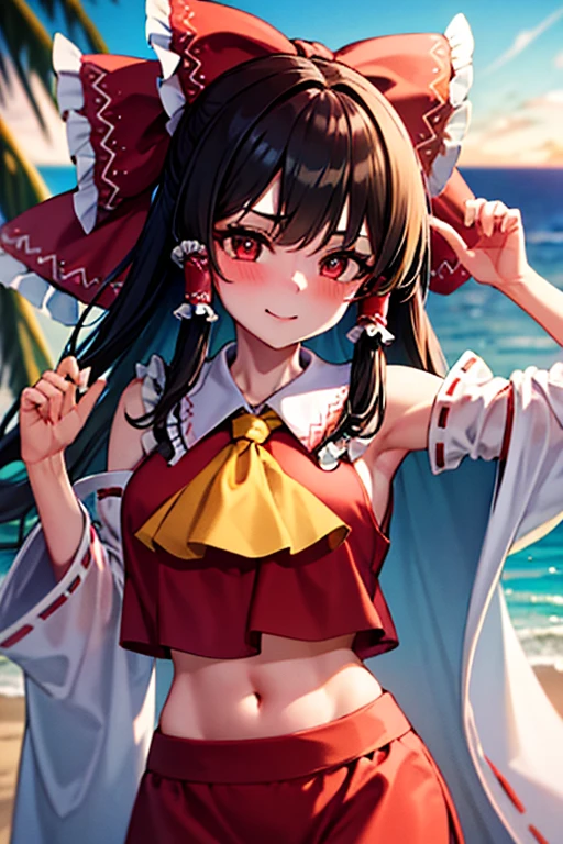 Reimu blushes with joy as she stands on the beach at dusk, showing off her glamorous body.