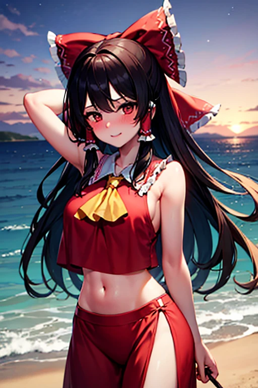 Reimu blushes with joy as she stands on the beach at dusk, showing off her glamorous body.