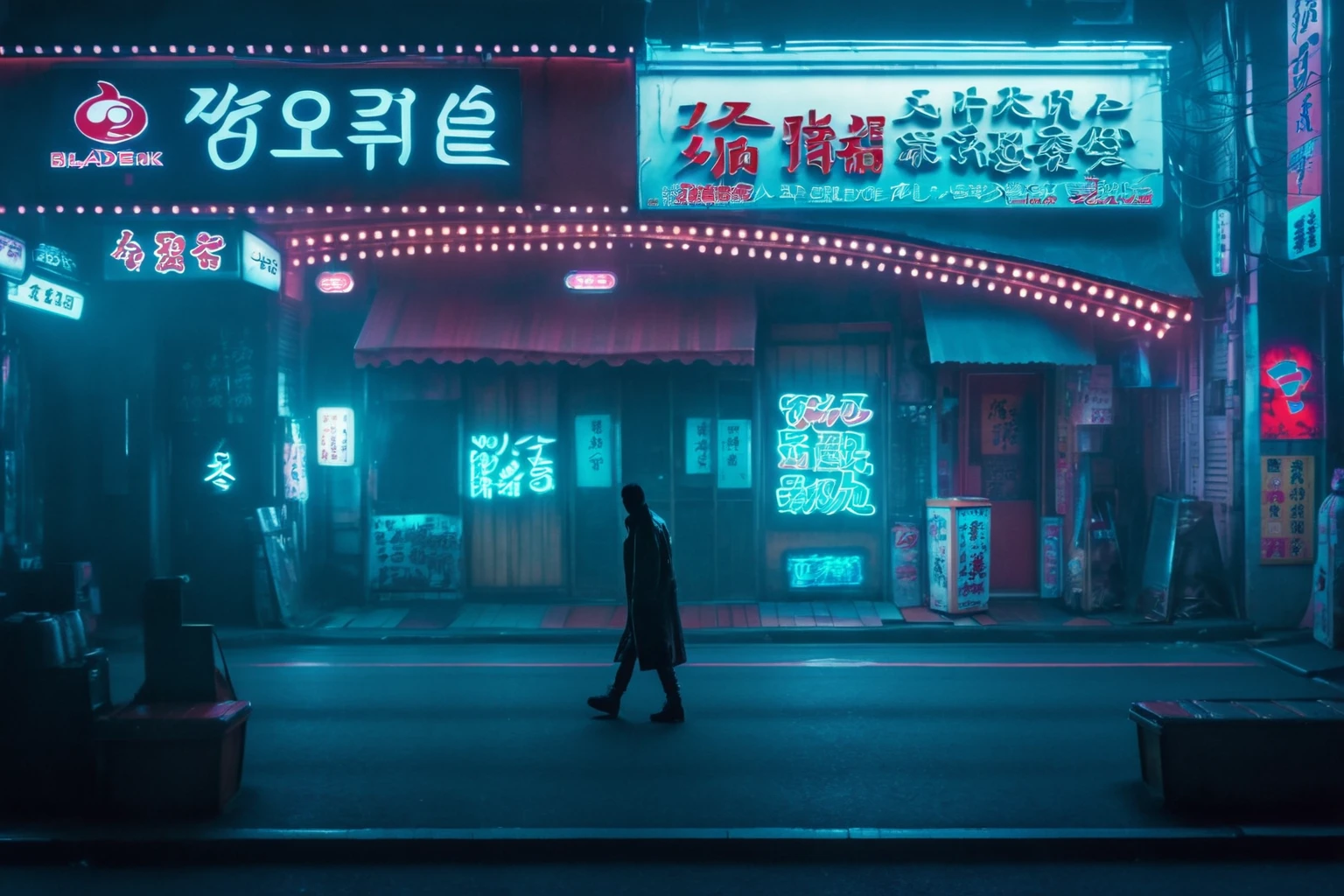 Araped image of a person walking down the street at night, Like a scene from Blade Runner, cyberpunk streets at night, Reminiscent of Blade Runner, cyberpunk street at night, in cyberpunk city, Blade Runner vibes, neon stores, cyberpunk streets in japan, cyberpunk street, foggy neon night, in cyberpunk aesthetic, cyberpunk aesthetic, neon street, neon sign