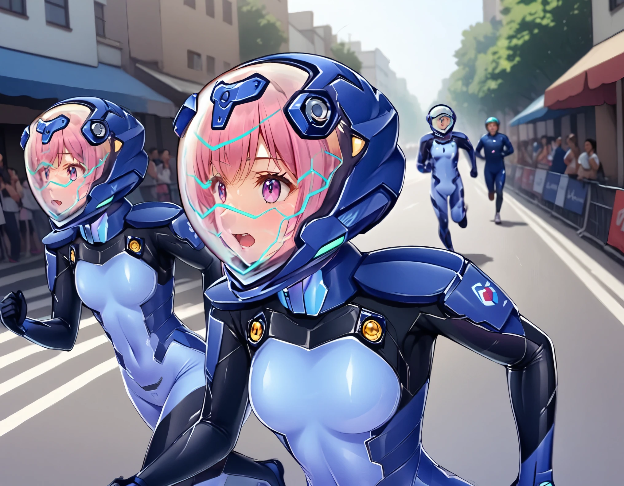 short hair, pink hair, street, emo,pink eyes, eyeliner, fortified suit, ((blue:1.5) plugsuit), short hair, (running fast:1.6),sweaty,clenched teeth,marathon event,looking ar forward,1), short hair, bangs, blue eyes, brown hair, blue bodysuit, bubble helmet space helmet, from side