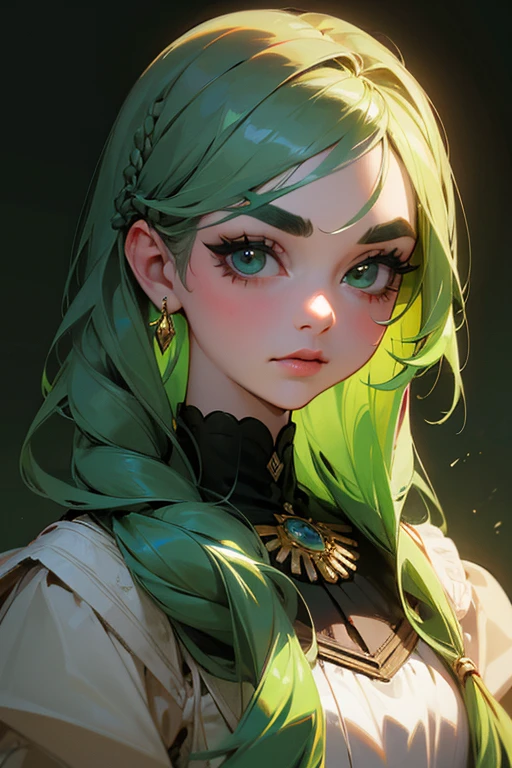 (Highest quality, masterpiece:1.2), High resolution, Very detailed, Realistic:1.37, Fantasy, An illustration, Green Eyes、Queen, Platinum decoration、beautifully、Eyeshadow Red、Thick eyebrows、Long eyelashes、pupils are black、Her hair is light green、Embarrassing、people々々々々Loved by、Shoulder Bare、Braiding、.(Save face image),