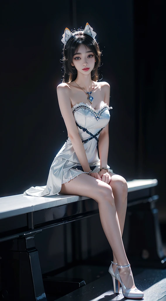 shinano role play costume, role play, High Leg Raise, High heel, transparent, Fox Tail, Multi-tail, ((whole body)), ((Shot from random angles)), ((Sitting)), ((In class, Sitting on the podium)), (Yushuxin,1 Girl,Solitary), Clear face, Pretty Face, 8K, masterpiece, original photo, best quality, detail:1.2,lifelike, detail, Very detailed, CG, Unite, wallpaper, Depth of Field, Movie Lighting, lens flare, Ray Tracing, (Extremely beautiful face, Beautiful lips, beautiful eyes), complex, detail的脸, ((ultra detailed skin)), 1 girl, in the darkness, Deep Shadows, Beautiful Korean girl, Korean Idol,(Very slim figure:1.3), Full breasts, Large Breasts, Slender sexy legs, Very beautiful legs, Elegant Posture, (A bright smile), (City night, (Neon lights), (night), Beautiful Korean girl, White Diamond Earrings, Diameter Bracelet, Deya Necklace, Clear eyes, (big eyes)