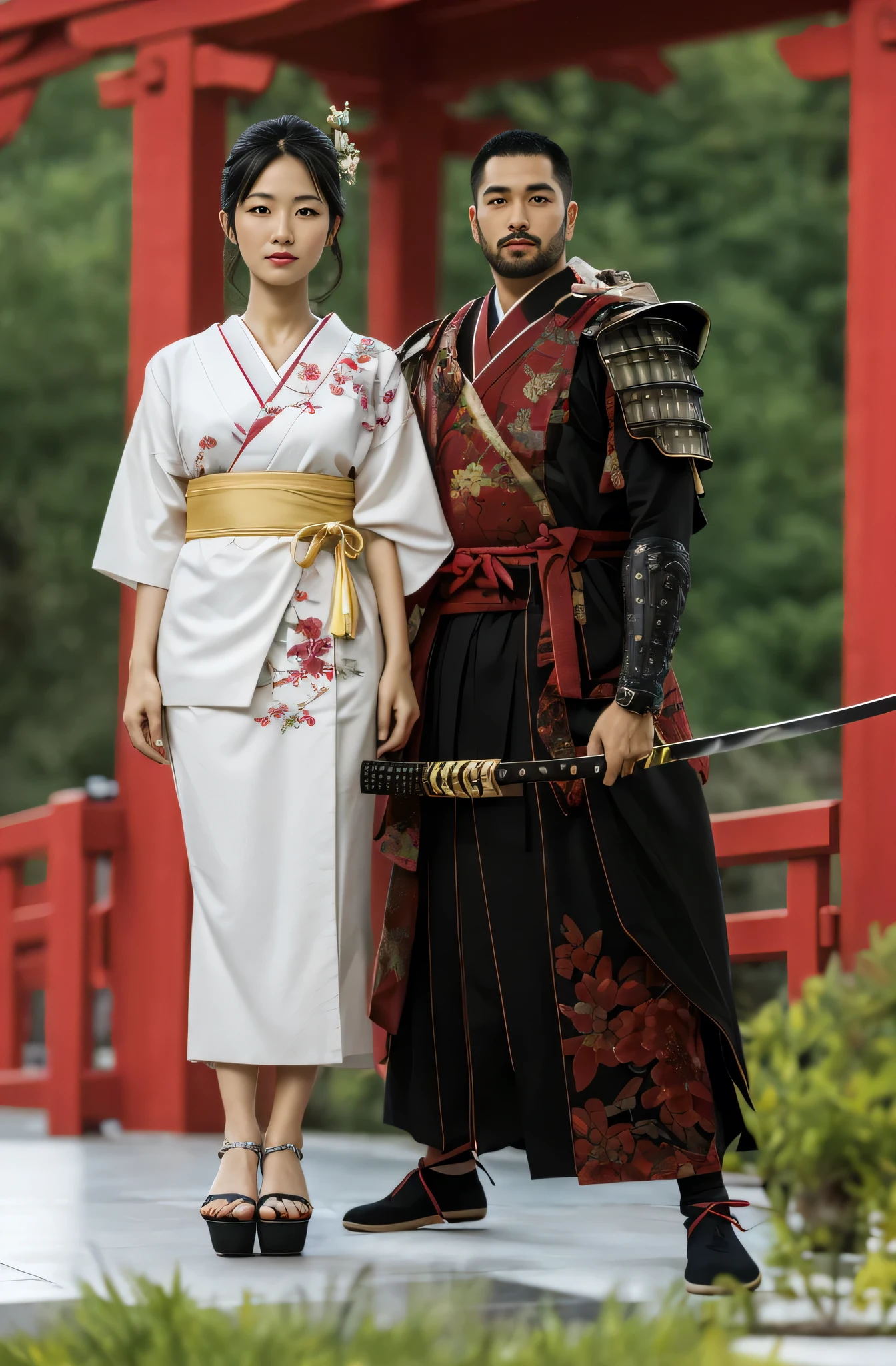 Japanese family, husband and wife, Japanese married woman in a kimano, Japanese samurai, Japanese man, Japanese armor, katana, black hair, athletic build, Realism, UHD, retina, masterpiece, accurate, anatomically correct, textured skin, super detail, high details, high quality, award winning, best quality, highres, HD