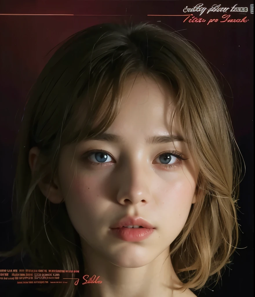 fille, wavy blonde hair, blue eye, button nose, des taches, big lips