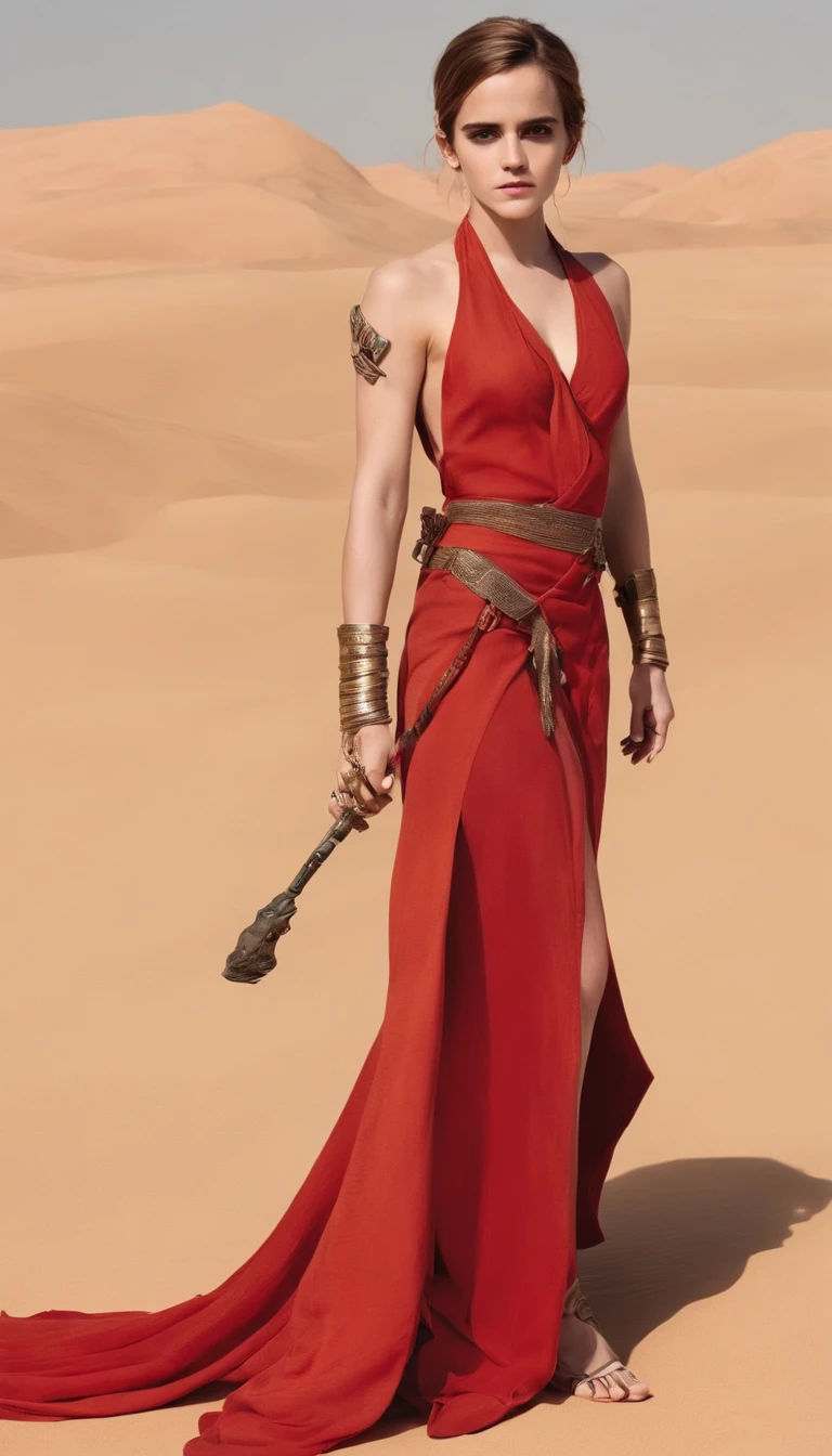 (Emma Watson) sexy body, wearing ancient Sexy Red Slit Egyptian dress, sexy cleavage, in the desert, bones of dead animals