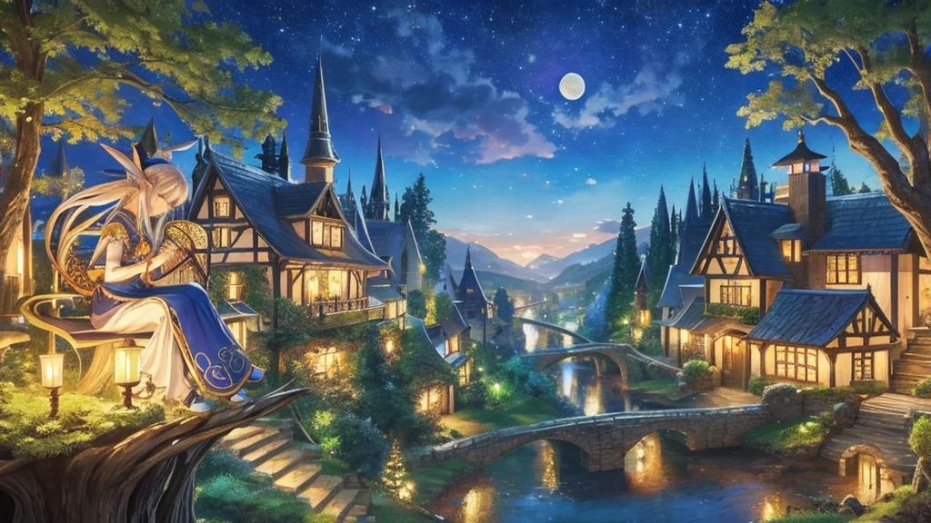 Anime Elf girl playing harp while sitting gracefully on a tree branch ,magical atmosphere, panoramic fantasy night landscape, town in the forest can be seen, with charming houses, winding streets illuminated by moonlight, closed eyes, she wear long witch outfit, celtic