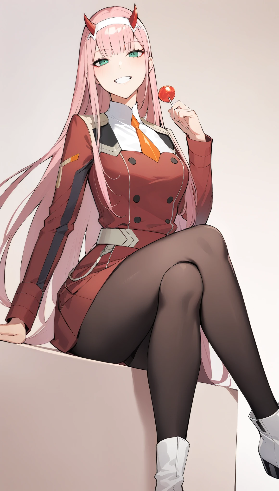 masterpiece, best qualityï¼ 1girl, zero_two_\(darling_in_the_franxx\), long_hair, solo, pink_hair, lollipop, candy, pantyhose, horns, food, green_eyes, hairband, smile, white_hairband, black_pantyhose, crossed_legs, looking_at_viewer, boots, sitting, holding, uniform, holding_candy, white_footwear, necktie, bangs, holding_food, military_uniform, military, short_necktie, holding_lollipop, very_long_hair, invisible_chair, orange_necktie, long_sleeves, grin