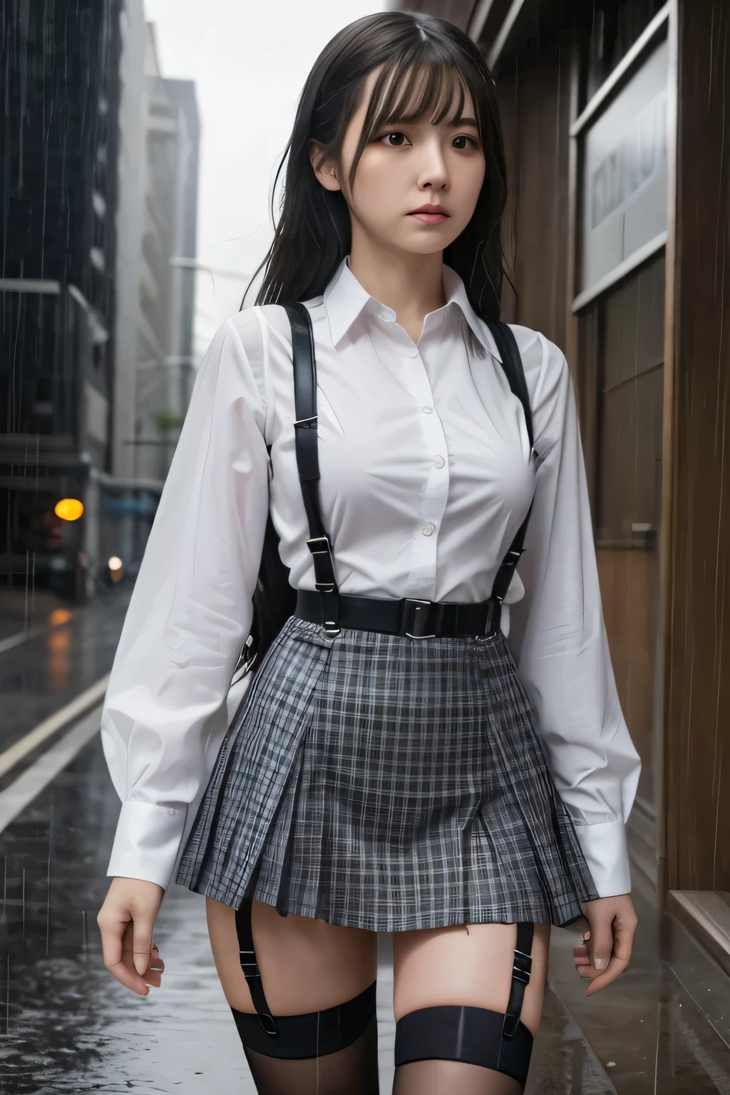 1 female, , high quality, masterpiece, Ultra-high resolution, Cinema Lighting, 1 female, , high quality, masterpiece, Ultra-high resolution, , Cinema Lighting, suspenders　　　Moderate breasts　 　 　　　　　 　　　　Small face　 　　　　　　　　　　　Looking up　　　　Sweat 　　　Thin belt　buzzer　脇Sweat 　　　　 　Garter belt　　Belt on pants　　holster　 　　Hands behind your back　 　Looking up　Anxious face　Knee-high　Knee socks　Knee-highソックス 　garter　ふとももにGarter belt　Checkered mini skirt　 　　Panty shot　Skirt gap Armament　　　holster　holster 　　Hands behind your back　 Anxious expression　　Anxious face, legs apart　Armament　　Leg holster　holster　See-through clothing　heavy rain　Rain-soaked dress shirt,