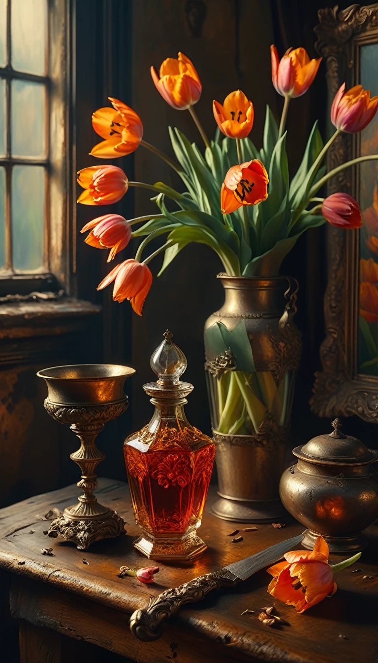 a Renaissance period scene, a table with tulips, a dagger, and a small bottle of poison, intricate details, high resolution, photorealistic, dramatic lighting, moody atmosphere, warm color palette, oil painting
