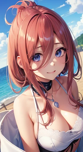 ((Tabletop)), ((Highest quality)), (Very detailed), ((cute)), cute, (cute), ((sexy)), (device), ((Very detailed)), 4K, (8k), Highest quality, (beautiful), Anime Style, Dynamic Angle, Upper Body, colorful, Full Body Focus, Beach, Pool, beautiful sky, Daytime, summer, cute s, One Girl, alone, maikurobiki, beautiful light brown hair, beautiful purple eyes, ((beautiful eyes)), White skin, ponytail, Transparent Hair, Translucent hair, Big ample breasts, necklace, Light Smile, Lens flare, Wind effects, Shine, Shine, Wet, Reflection effect