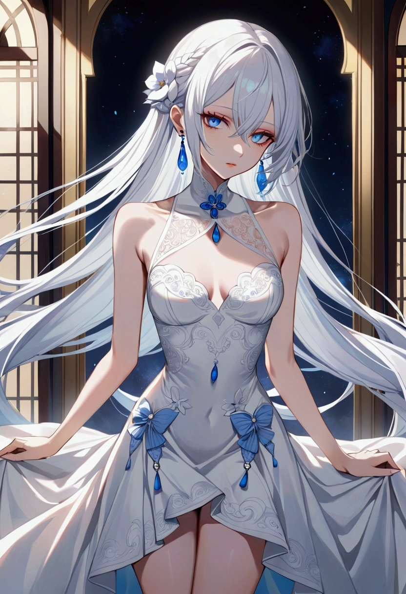 a beautiful anime girl with long flowing white hair, piercing blue eyes, detailed face and features, delicate porcelain skin, wearing a flowing white dress