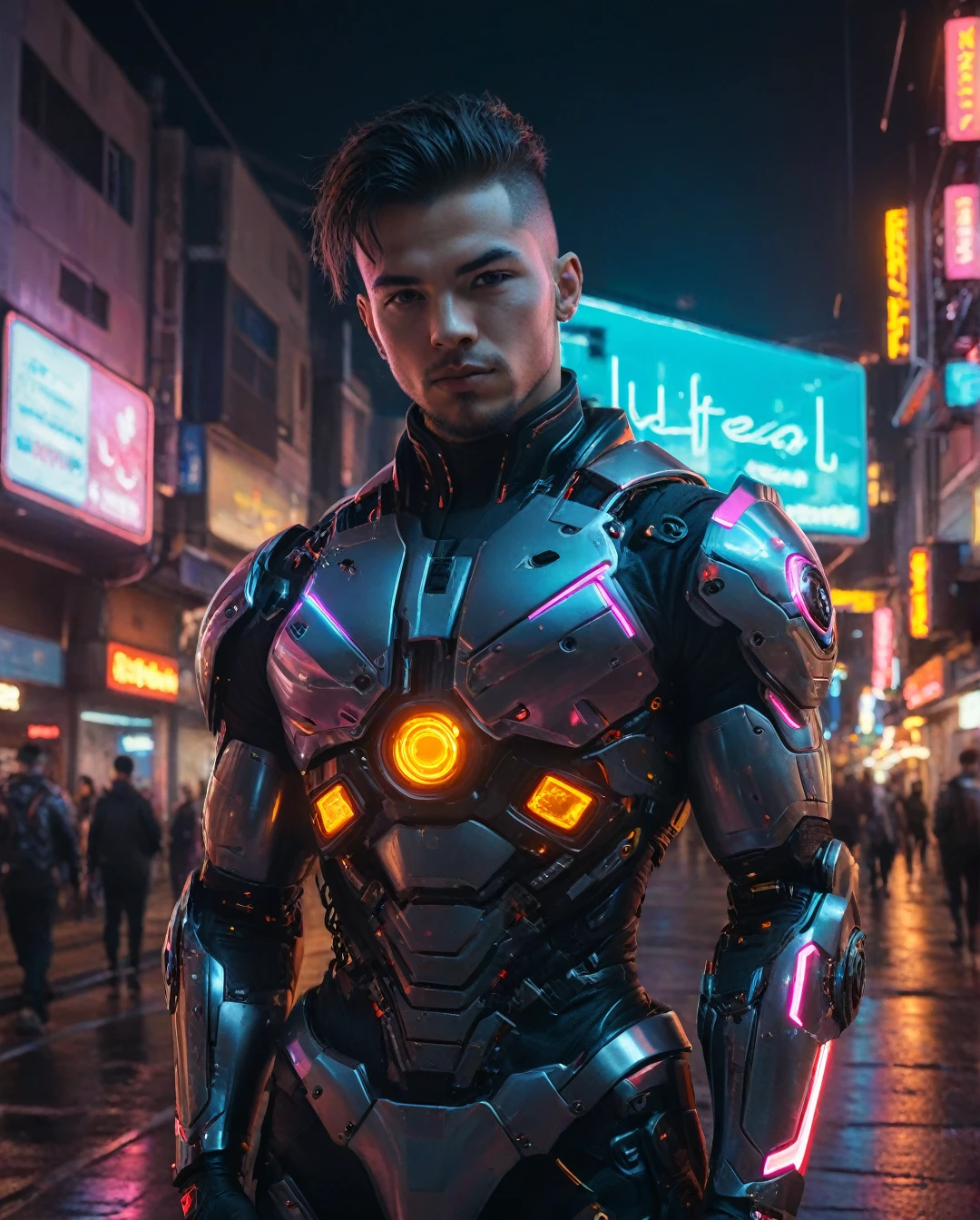 by Zdzislaw Beksinski and Greg Tocchini, in the style of nicola samori , Cyberpunk rebellion in the neon-lit streets. A cyborg, adorned with retro fabric and Neon Mauve outline, stands out against a RAW photo aesthetic background. Soft lighting accentuates their features, captured with high quality precision on an 8K UHD DSLR camera, reminiscent of Fujifilm XT3. The subject's gaze is bold, made of RAL-SM-LVT-NPLs, as they radiate confidence amidst the futuristic festival atmosphere.,Digital,Style