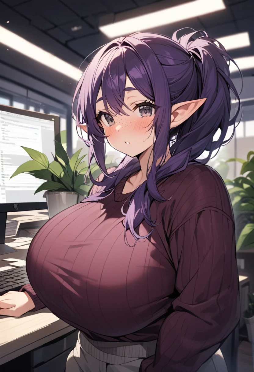 A thick girl in black tank top and grey joggers, beautiful hazel eyes, (dark purple hair:1.2). (Elf ears:1.2), dark brows, full lips, messy ponytail, natural beauty. With a sweet look, huge breasts, cute freckles, in office, lots of plants, (wearing shirt and tie under maroon sweater:1.3), (black trousers), blushing cutely. Beautiful lighting,
