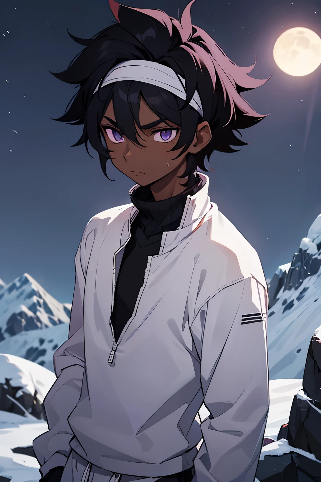 Young male, dark skin, black hair, messy hair, white headband, purple eyes, white long-sleeved shirt with a turtleneck, black sweatpants, cold expression, on a mountain at night