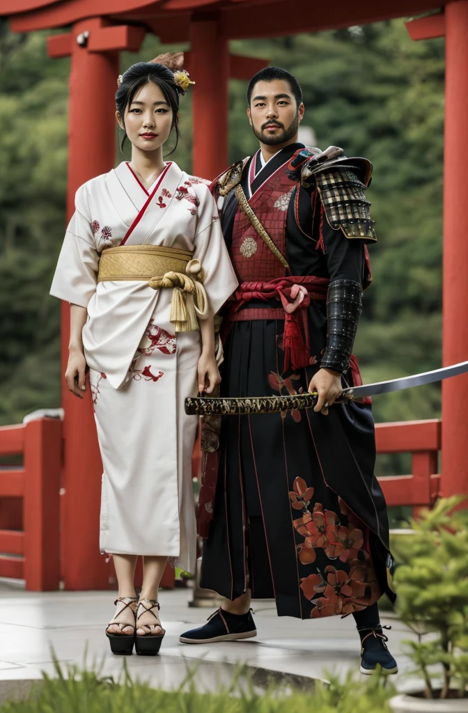 Japanese family, husband and wife, Japanese married woman in a kimano, Japanese samurai, Japanese man, Japanese armor, katana, black hair, athletic build, Realism, UHD, retina, masterpiece, accurate, anatomically correct, textured skin, super detail, high details, high quality, award winning, best quality, highres, HD