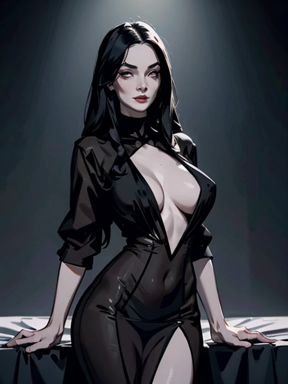 Morticia Addams, wearing tight transparent black dress cleavage showing, pale white skin, black hair, beautiful detailed eyes, luscious big round breasts, slim waist, wide hips, perfect slim body, tight ass, tight buttocks, breasts on display, beautiful detailed hands; PhotoRealistic, Ultrarealistic, highres, 8k, dark cinematic lighting; crypt in background, night time,