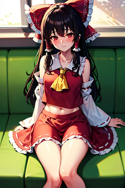 Reimu, with her glamorous body and blushing face, sleeping happily on a train at dusk