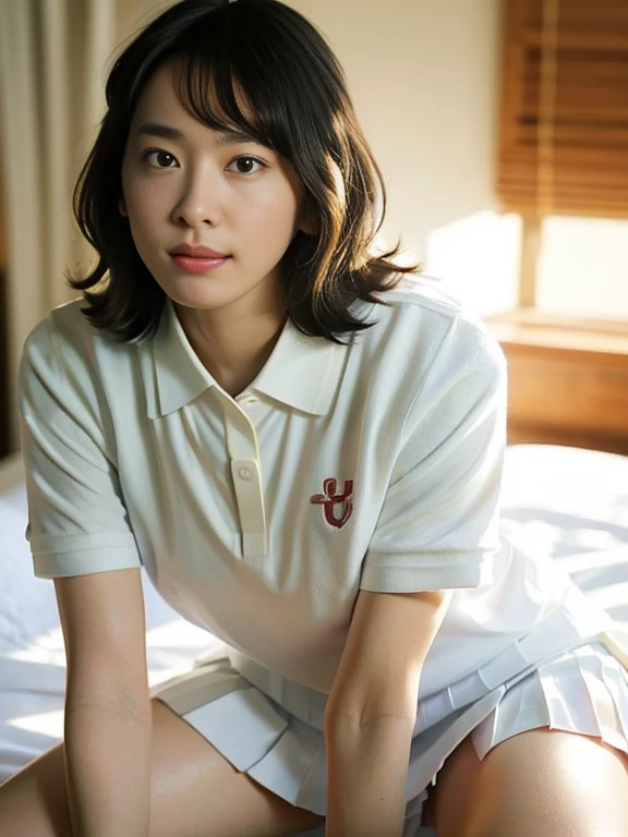 (Masterpiece, Best quality: 1.4), (Ultra realistic, Photo-realistic: 1.2), From above, From side, Sitting, Looking at viewer, Natural light, 28 years old actress, Japanese women, Slender, Neat and clean, ponytail hairstyle, Short wavy hair, ((Wearing white tennis uniform, White short-sleeve polo shirt, Not buttoning the polo shirt, White pleated tennis skirt: 1.3)), Wearing white sock, (Beautiful face), Oval face, clear, Beautiful eyes, Kind eyes, Clear skin, Small face, Beautiful mouth, Small mouth, Natural makeup, Approachable, Seductive smile, (Seductive pose: 1.2), (Beautiful thighs: 1.2), (Bedroom eyes: 1.1), Embarrassed, Blush, Luxury hotel Suite room, On bed,