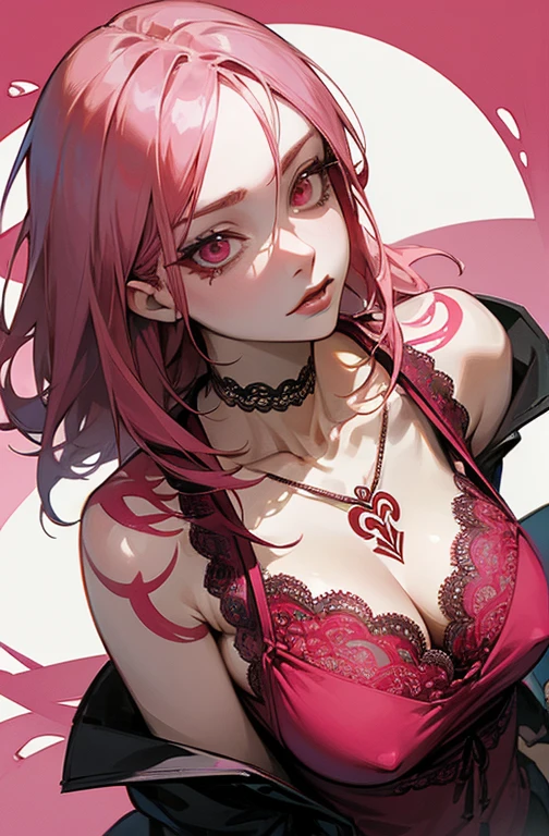 Cool women、sexy、Center of chest、Rize from Chainsaw Man、beauty、Yandere、、Face close-up、Chest tattoo、Red lace、necklace、(look up)、(Pink Hair)、((solo)).(Background abstract)