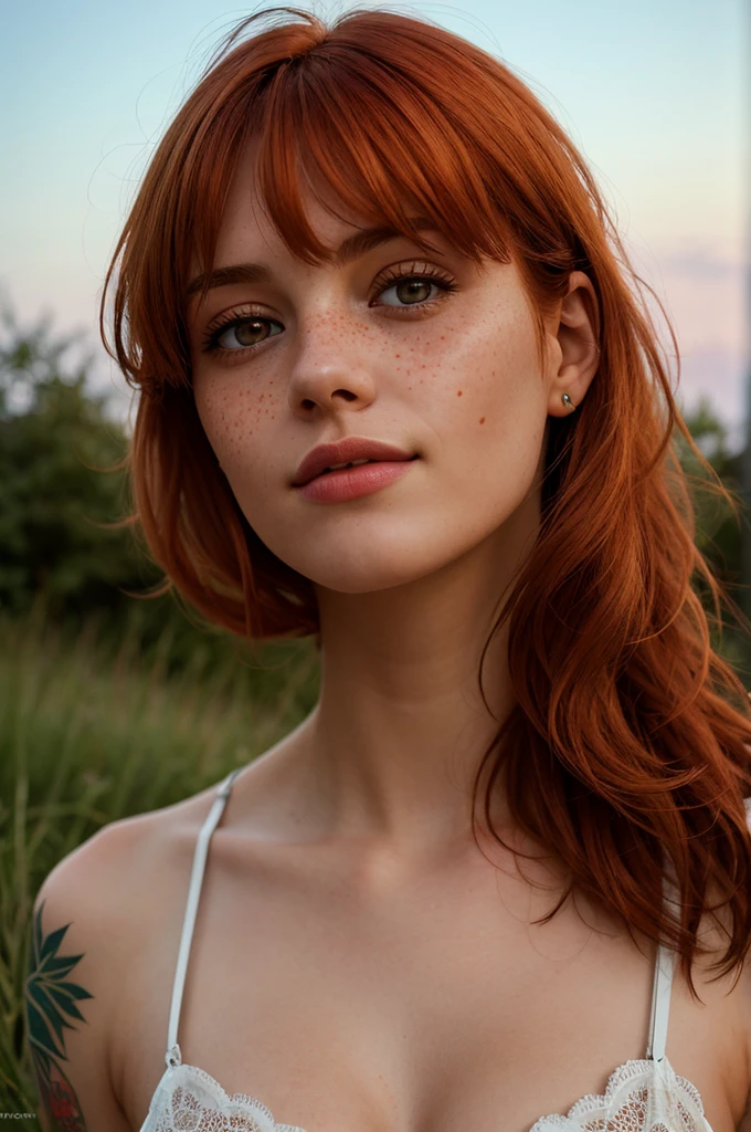 ((best photo quality, Ultrarealistic)), Girl, Not 20, European, Tattoo-Modell, (Portrait, close up shot), athletic figure, small breasts, mysterious smile, enchanting view, ((Fell, ginger red hair, wild hairstyle)), intense green eyes, pale skin, freckles, subtle make-up, more confident, cheeky expression, flawless complexion, Tattoos, Piercings, uncanny attraction, wild and graceful, rebellious spirit, sun set, evening atmosphere, beach, Fotoshooting