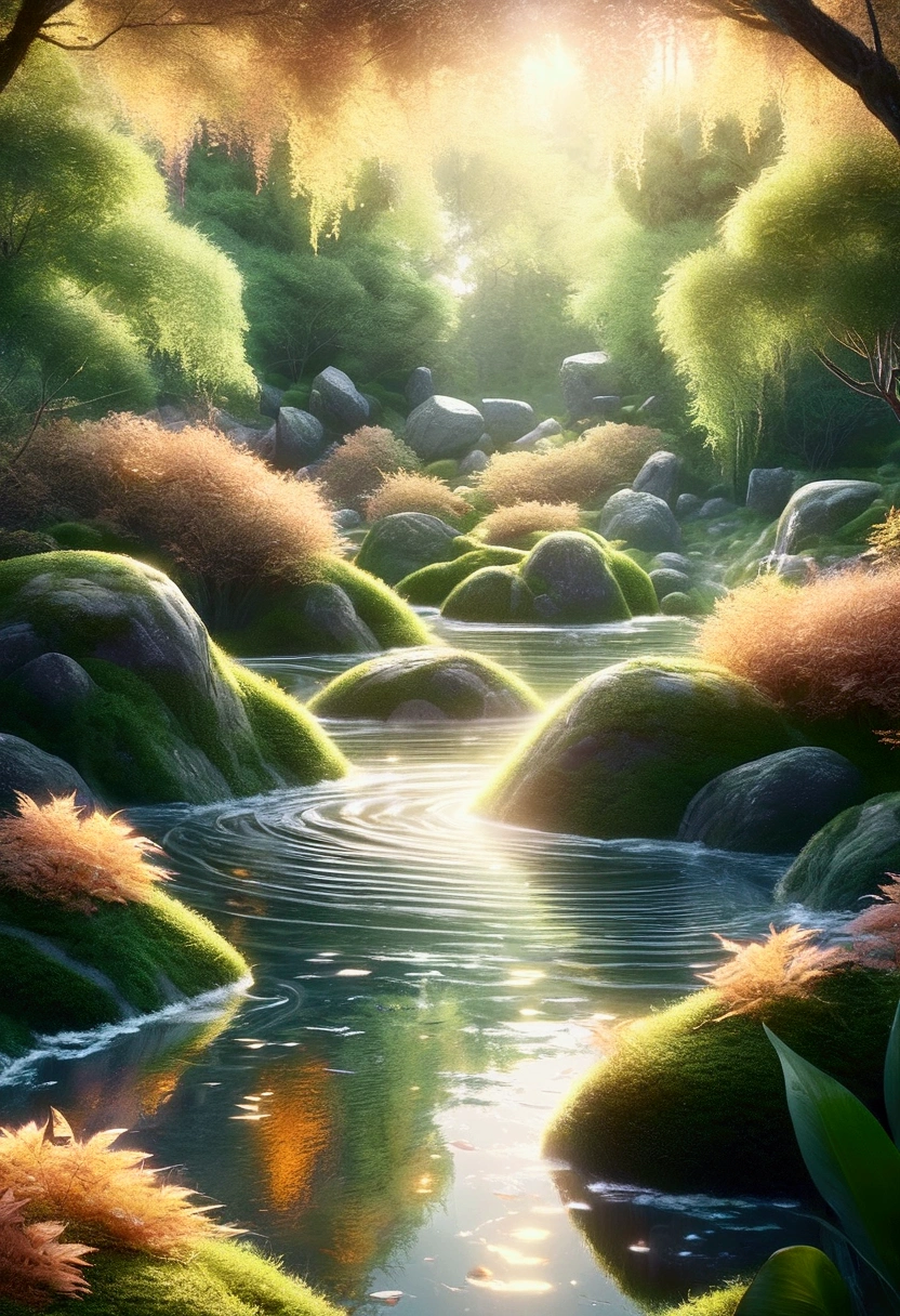 realistic animation, mysterious atmosphere, (best quality, high resolution:1.2), very detailed, realistic, sight, The Enchanted Forest, Beautiful reflection, peaceful atmosphere, soft sunlight, calm valley, Lush green vegetation, A tranquil and peaceful scene, Subtle color palette, Calm atmosphere, breeze, birdsong heard from afar, vivid colors, The freshness of dawn after the rain, magnificent and beautiful, golden sky, underwater rocks, Transparent clear water quality, light reflection on water, ripples on the water, A pattern that makes waves, sublime tranquility, balance, Leisurely and elegant composition, soft lighting, Warm golden particles filtering through the leaves.,