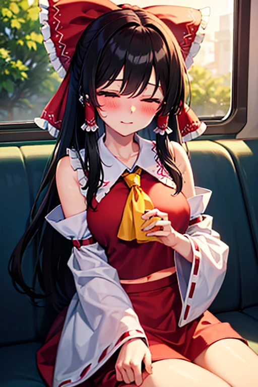 A bewitching Reimu, blushing and sleeping happily on a train at dusk