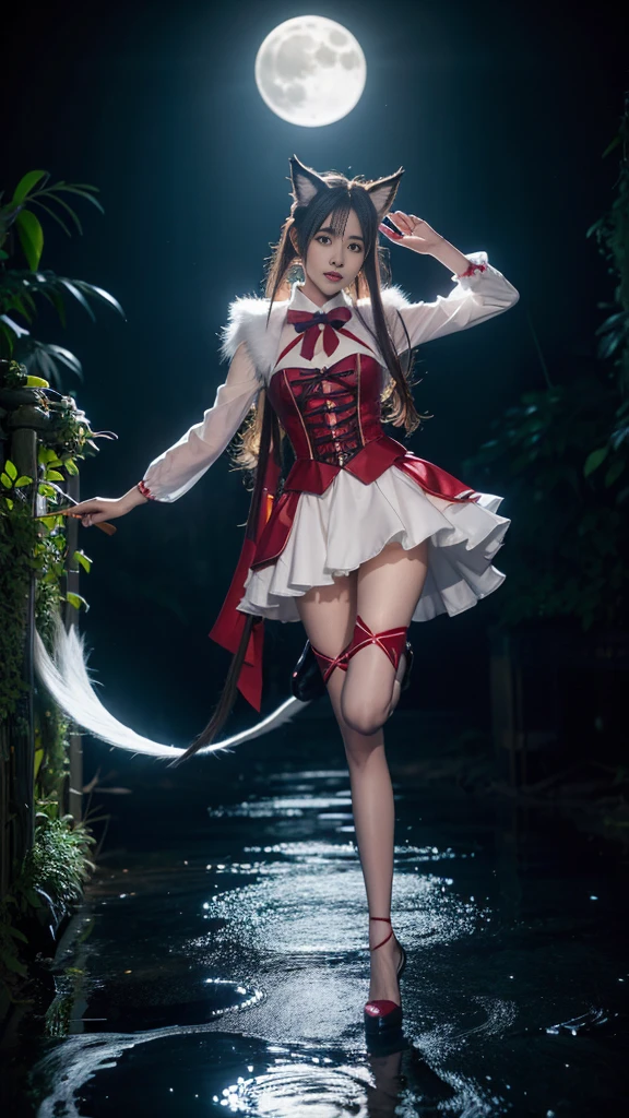 shinano role play costume, role play, High Leg Raise, High heel, transparent, Fox Tail, Multi-tail, Deep in Wonderland，Moonlight falls like water，Foggy Room，The heroine&#39;s figure is vaguely visible，Like a fairy in a painting，Slender sexy legs，Beautiful big breasts而又带着一丝mystery的色彩。Her face is beautiful and delicate，Like a finely carved jade，Showing extraordinary beauty。The eyebrows are so pretty，Eyebrows grow to the temples，The waves in my eyes are like twinkling stars，Show the light of perseverance and wisdom。The bridge of the nose is straight，Cherry lip color，The slightly upturned corners of the mouth reveal confidence and calmness。Her face is chiseled，Skin like jade，Reveal healthy glow，Not like a fairy&#39;Not worldly。Her makeup is light and delicate，No excessive embellishment，But it is enough to show her temperament and charm。Light foundation highlights the translucence of the skin，A light eyebrow pencil outlines her perfect eyebrow shape，Eye makeup is eye shadow and eyeliner，Make her eyes brighter、Energetic。嘴唇涂上grace的口红，Add a touch of charm and sophistication。她的衣服grace别致，Wear white to win the snow，Clothes fluttering，As if the wind will blow it up at any time，Drifting away。Beautiful embroidery patterns on clothes，既不失grace，She also showed her extraordinary ball skills。A wide belt around the waist，There is a crystal clear jade pendant hanging on it.，Swaying with her movements。Her hair was tied back casually.，Secure with a jade hairpin，A few strands of hair fluttering gently in the wind，Add a touch of softness。Her figure looms in the fairyland，宛如一道Beautiful big breasts的风景线，Attracted everyone&#39;s concern。She seems like an elf in fairyland，Beautiful big breasts、grace、mystery、Full of power。
