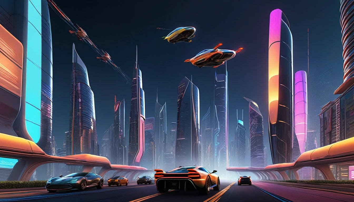 "A futuristic cityscape at night with towering skyscrapers, neon lights, and flying cars zipping through the sky."