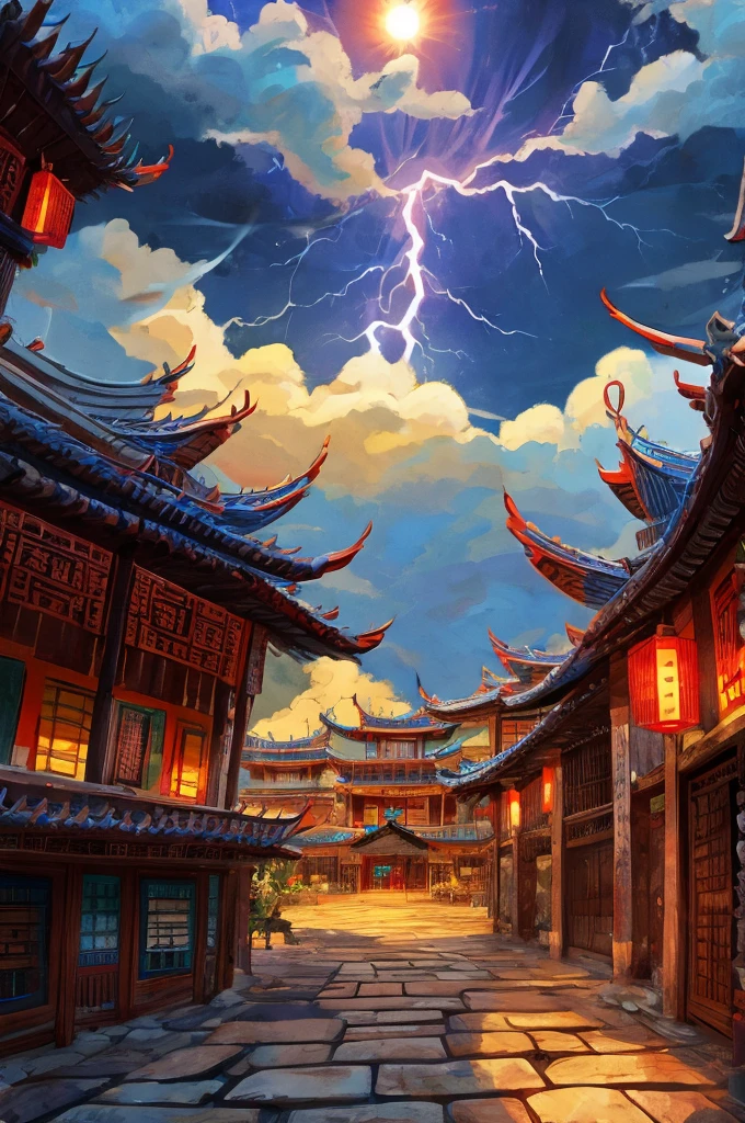Fire Dragon, Chinese Village, Lightning, Clouds, Sun
