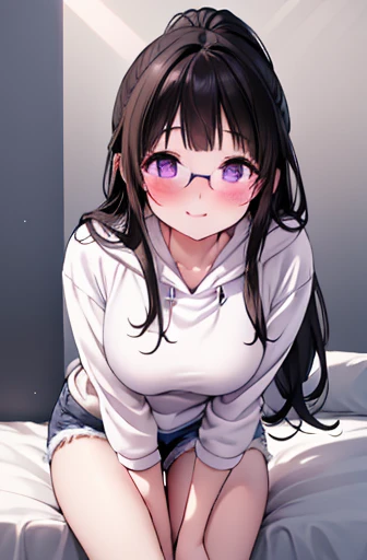 The best bed ever, Purple eyes, Long black hair, ponytail, Straight bangs, (small_chest: big_chest: 0.4), (alone), ((Shorts Jeans)), ((hoodie)), Glasses, ((blush)), Timid smile, Very delicate, Straight face, A uniquely beautiful girl, soft, (cute), Dreamlike quality, Light white and dark brown, Exaggerated facial features, Solid Color, Delicate face, bright lips slightly open, Narrow waist, soft curves, True light and shadow, Super Fine, 4K, Natural movement, Ultra-high resolution, (masterpiece:1.2, Highest quality), (Beautiful, detailed eyes: 1.2), (Beautifully detailed face)