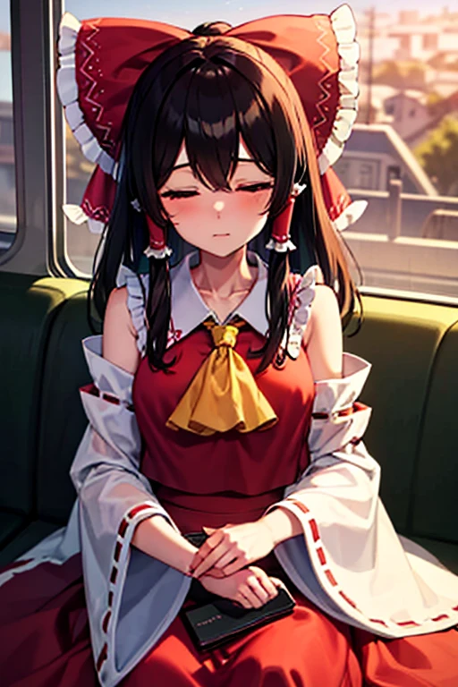 The enchanting Reimu sleeps happily on a train at dusk