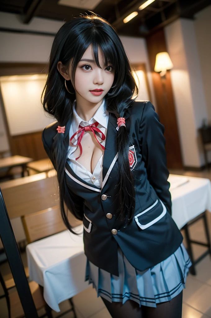 tokisaki kurumi
sobu high school uniform
cosplay,
school uniform, blazer, collared shirt, neck ribbon, pleated skirt, pantyhose, hair rings, loafers,
hair over one eye, low twintails, ((1 girl, Elegant posture)), Natural leg proportions, Visible cleavage, masterpiece, (best quality, 4K, 8K, high resolution, masterpiece:1.2), Extremely detailed, (Practical, photoPractical, photo-Practical:1.37), Official Art, CG, Anatomically correct, Random Scenes, Random shooting angle, Movie, photography, Intricate background, Soft lighting, Subtle shadows, Vibrant colors, Expressive eyes, Beautiful, high class boutique, Ambience, A moment of honesty, Natural expression, Detailed texture, Fine details, Refined and elegant, Exquisite style, Artistic Composition, Beautifully presented.