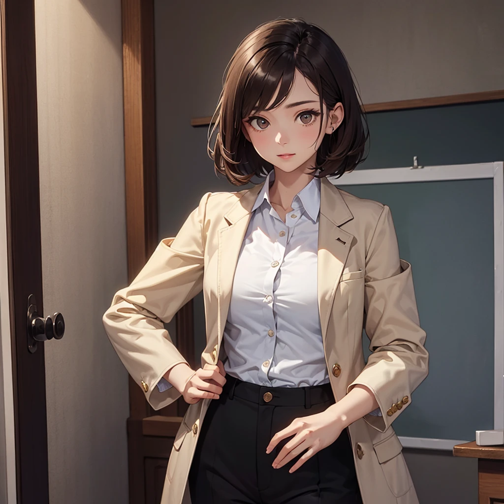 CG, Unity, 8k, wallpaper, Highest quality, masterpiece, Lovely lady, 18-year-old, Brown hair short cut, White skin, Best lighting, Complex pupil, Intricate weaving,((professor:1.2)),harf body,professor、tailored jacket、slacks、blouse