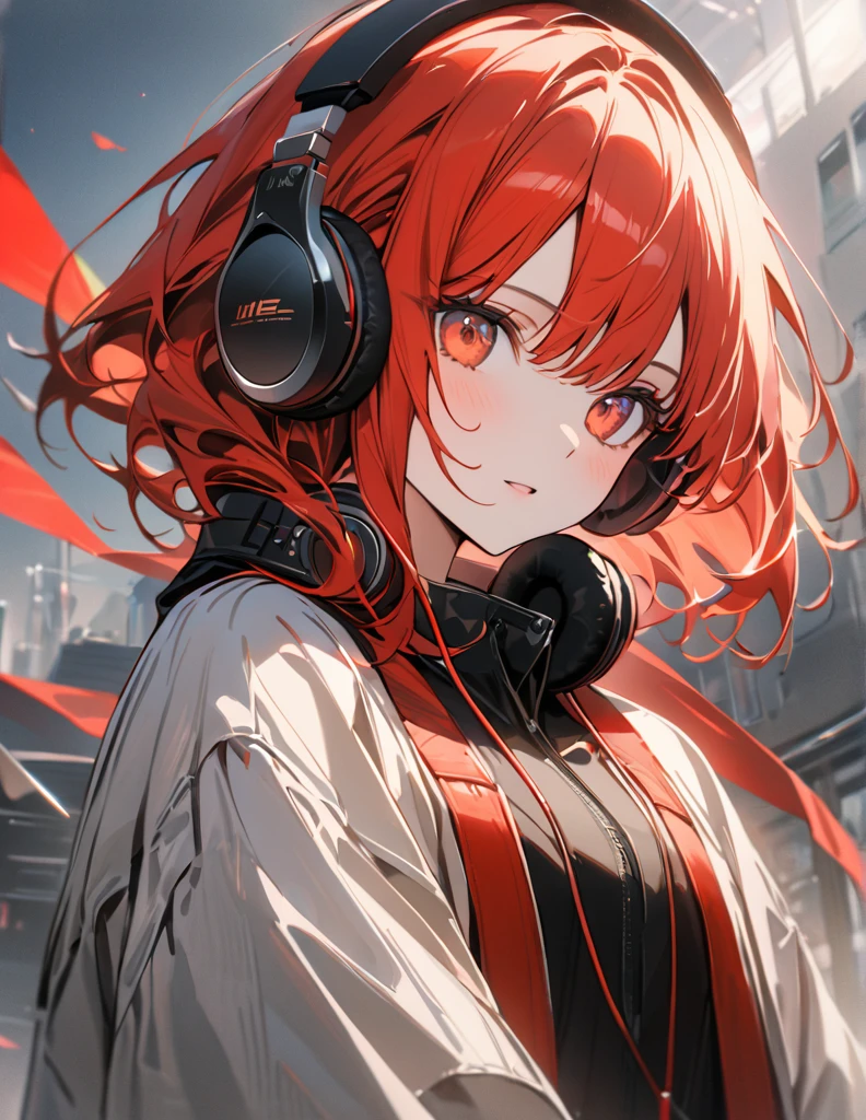 アニメ、デジタルアート、フラットデザイン、uhd, (masterpiece:1.2), best quality, highres, award winning, high details、Listening to music with headphones and lookinh here、Her hair is color red blowing in the wind and she has a calm expression.