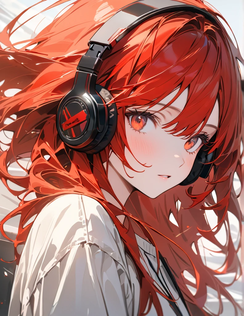 アニメ、デジタルアート、フラットデザイン、uhd, (masterpiece:1.2), best quality, highres, award winning, high details、Listening to music with headphones and lookinh here、Her hair is color red blowing in the wind and she has a calm expression.