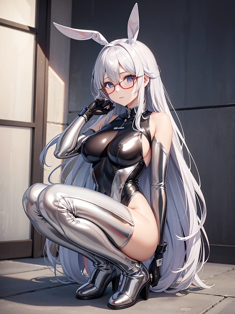 5 8K UHD、A shiny silver full body rider suit and glasses、Silver Hair、A beautiful woman with a small nose is squatting with her legs wide open、Shiny silver latex bunny suit with skin covering, Bunny girl