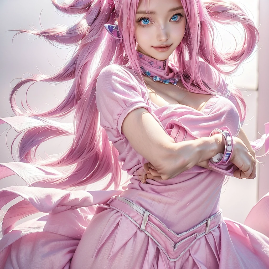 A fifty-year-old woman with pink hair and blue eyes poses for a photo, portrait Zodiac Knight Girl, render of a cute 3d anime girl, Anime-style 3D, Photorealistic anime girl rendering, Zodiac Knight Girl, Anime characters, Pink pigtails and cyan eyes, Haruno sakura, 3d rendering character art 8k, 3d anime girl