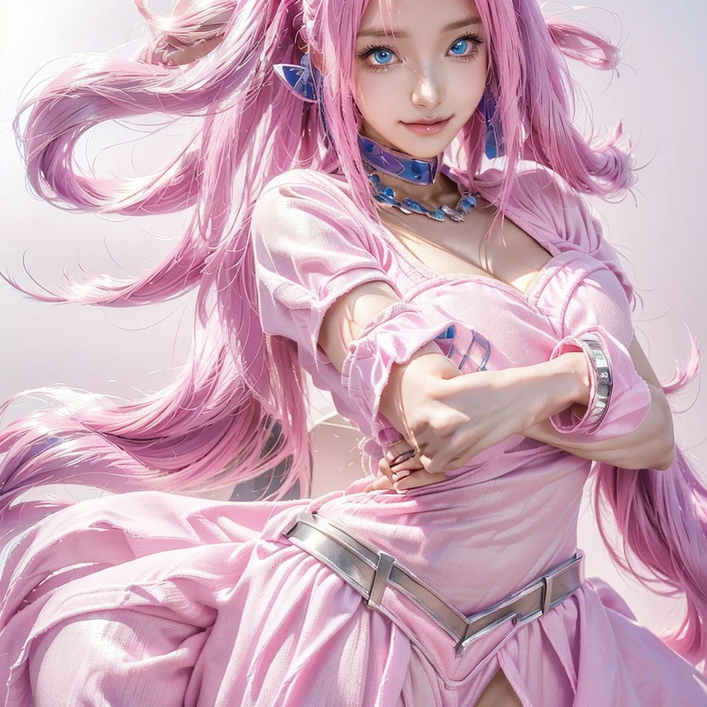 A fifty-year-old woman with pink hair and blue eyes poses for a photo, portrait Zodiac Knight Girl, render of a cute 3d anime girl, Anime-style 3D, Photorealistic anime girl rendering, Zodiac Knight Girl, Anime characters, Pink pigtails and cyan eyes, Haruno sakura, 3d rendering character art 8k, 3d anime girl