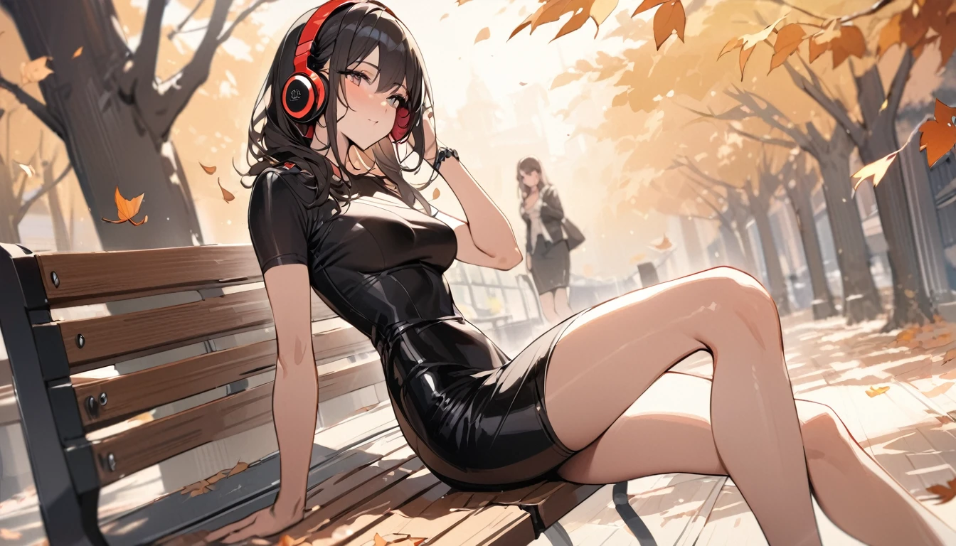 ((Top Quality)), ((Masterpiece)), ((Details)), perfect face, perfect body, fallen leaves background, sitting on a bench, listening to music, wearing headphones, wearing tight clothes, wear a tight skirt, dating, Woman with face visible, glamorous