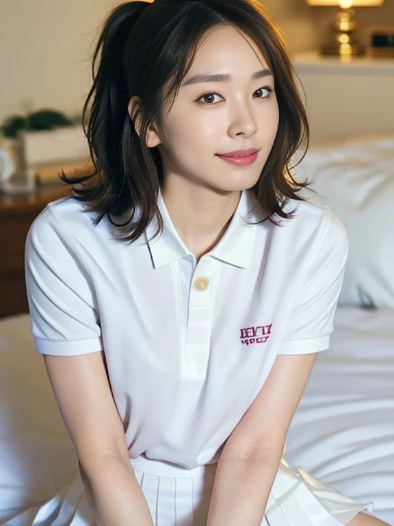 (Masterpiece, Best quality: 1.4), (Ultra realistic, Photo-realistic: 1.2), From above, From side, Sitting, Looking at viewer, Natural light, 28 years old actress, Japanese women, Slender, Neat and clean, ponytail hairstyle, Short wavy hair, ((Wearing white tennis uniform, White short-sleeve polo shirt, Not buttoning the polo shirt, White pleated tennis skirt: 1.3)), Wearing white sock, (Beautiful face), Oval face, clear, Beautiful eyes, Kind eyes, Clear skin, Small face, Beautiful mouth, Small mouth, Natural makeup, Approachable, Seductive smile, (Seductive pose: 1.1), Beautiful thighs, (Bedroom eyes: 1.1), Embarrassed, Blush, Luxury hotel Suite room, On bed,