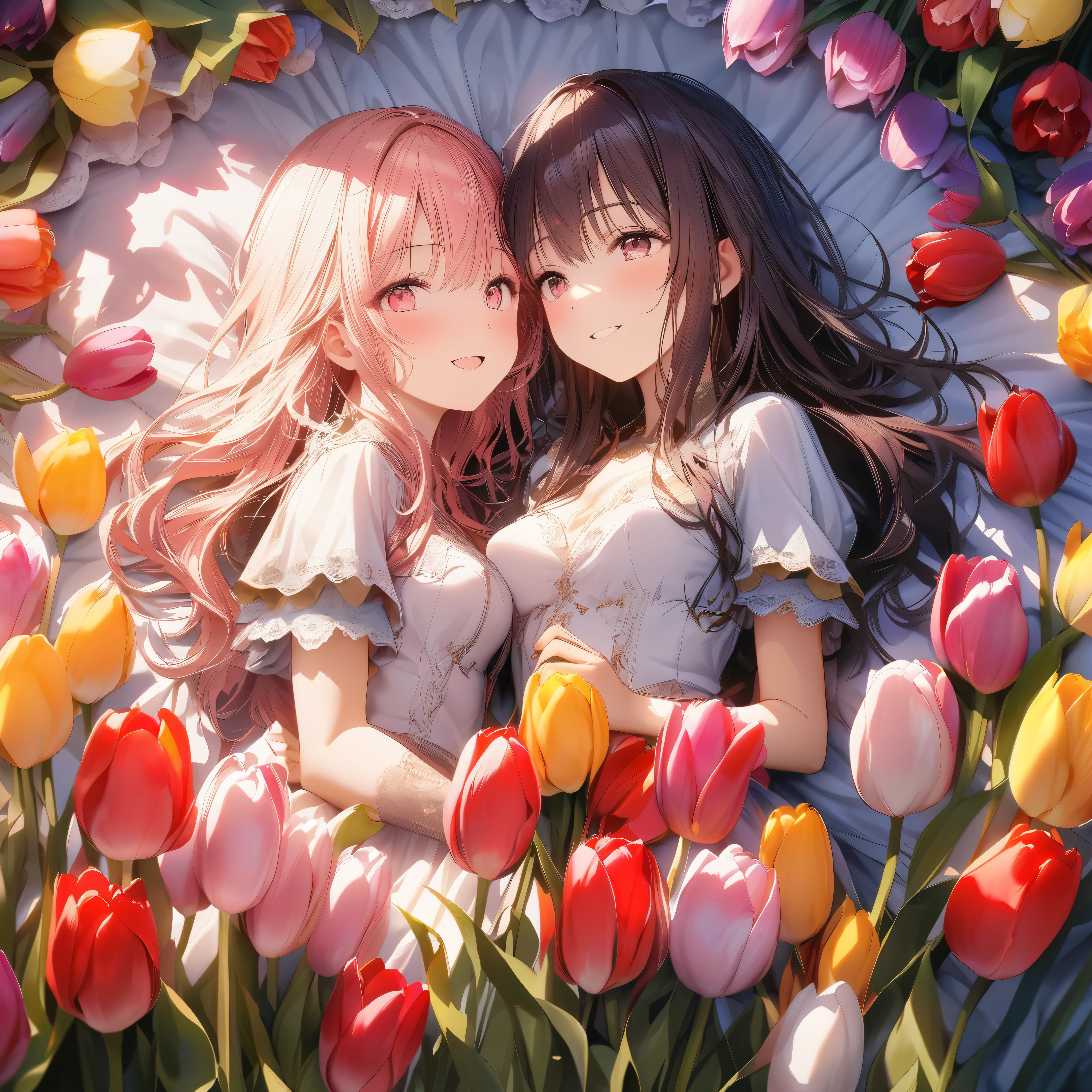 quality\(8k,wallpaper of extremely detailed CG unit, ​masterpiece,hight resolution,top-quality,top-quality real texture skin,hyper realisitic,increase the resolution,RAW photos,best qualtiy,highly detailed,the wallpaper,cinematic lighting,ray trace,golden ratio\), BREAK ,(solo),(1couple\(2girls\):1.4), 1couple\(2girls,looking each other,(smiling happily:1.4),beautiful,cute,holding hand, (perky breast),lying on the tulips\), BREAK ,background\((so many colorful tulips:1.3),soft sunlights, bokeh,beautiful scene, mood of lovers,\),[]