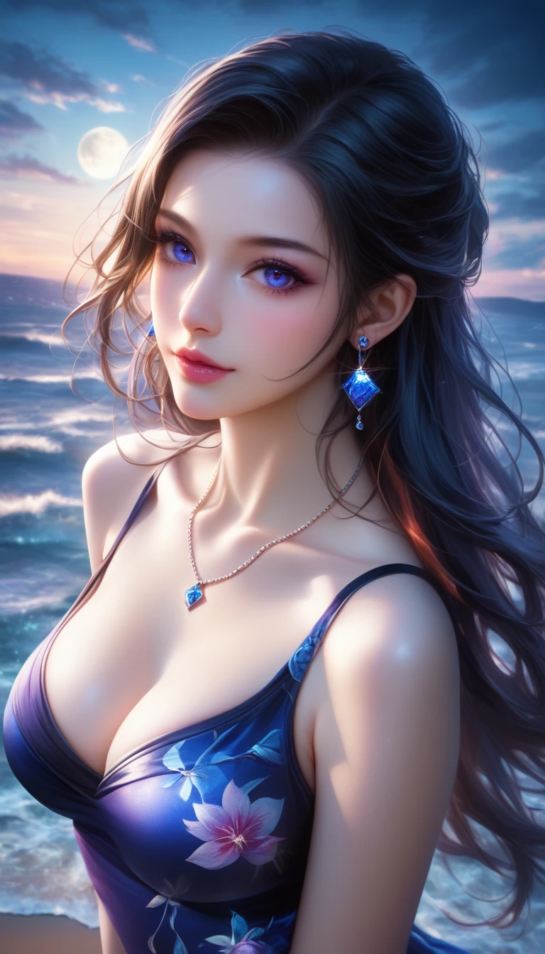 score_9, score_8_superior, score_7_superior, A masterpiece in 32K resolution,Highest quality,it is really amazing,Very detailed,Ultra-high resolution,Ultra-realistic,Realistic,Increased depth of field,Cinematic lighting,
Elegant Japanese woman,
Long black hair,Ultra-detailed and beautiful face,Gentle expression,Translucent white skin,Realistic skin texture,
Sexy Swimwear,
Bold design,Artistic design,Beautiful and detailed pattern,Detailed fabric texture,
Gorgeous necklace,Earrings,
Coastline at night,Giant Moon,Dark clouds floating in the dark night sky,
High angle,