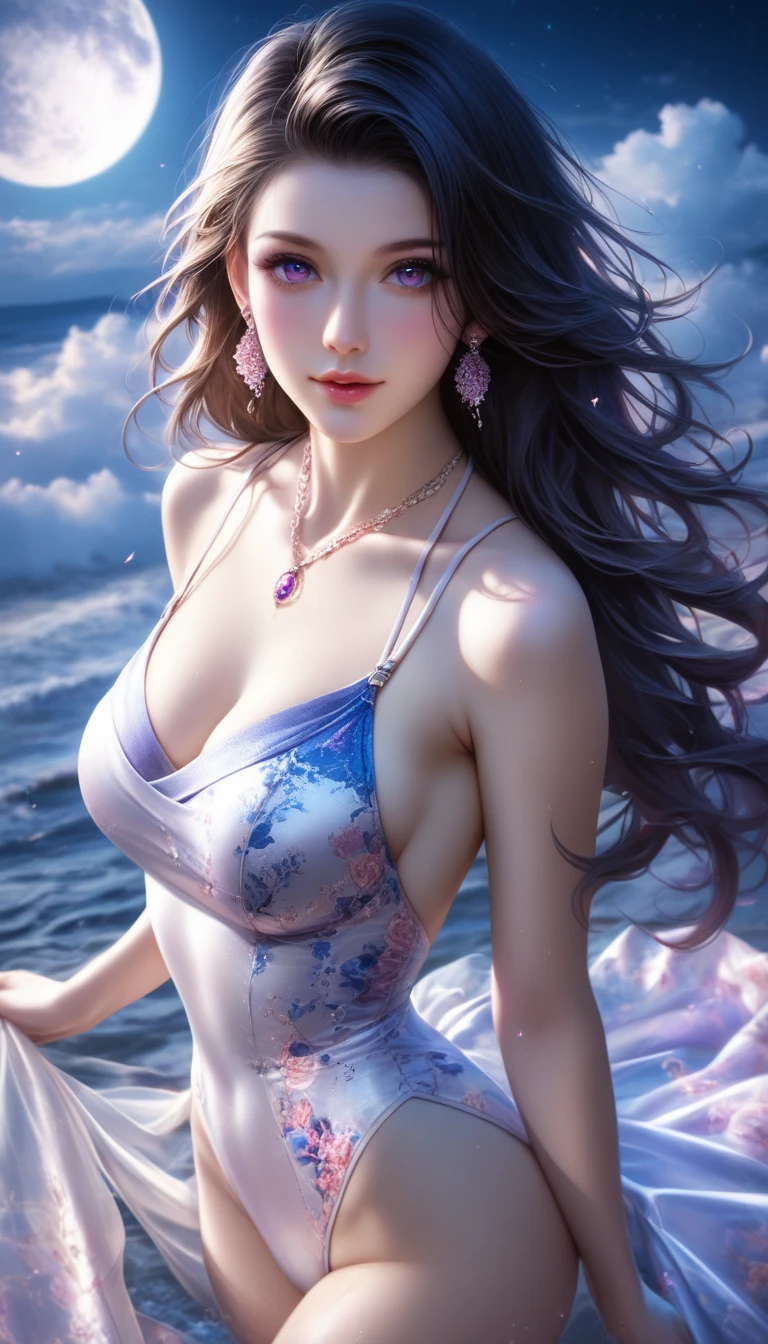 score_9, score_8_superior, score_7_superior, A masterpiece in 32K resolution,Highest quality,it is really amazing,Very detailed,Ultra-high resolution,Ultra-realistic,Realistic,Increased depth of field,Cinematic lighting,
Elegant Japanese woman,
Long black hair,Ultra-detailed and beautiful face,Gentle expression,Translucent white skin,Realistic skin texture,
Sexy Swimwear,
Bold design,Artistic design,Beautiful and detailed pattern,Detailed fabric texture,
Gorgeous necklace,Earrings,
Coastline at night,Giant Moon,Dark clouds floating in the dark night sky,
High angle,