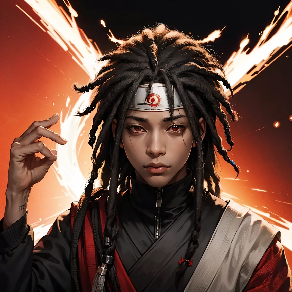 Itachi Uchiha but as an African American male with very dark skin with dreadlocks and his Sharingan glowing red in the darkness