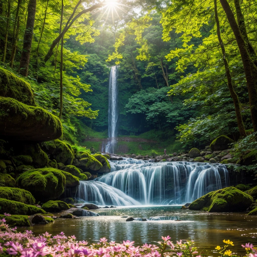 A beautiful and serene waterfall in a lush green forest with sunlight streaming through the trees, surrounded by colorful flowers."