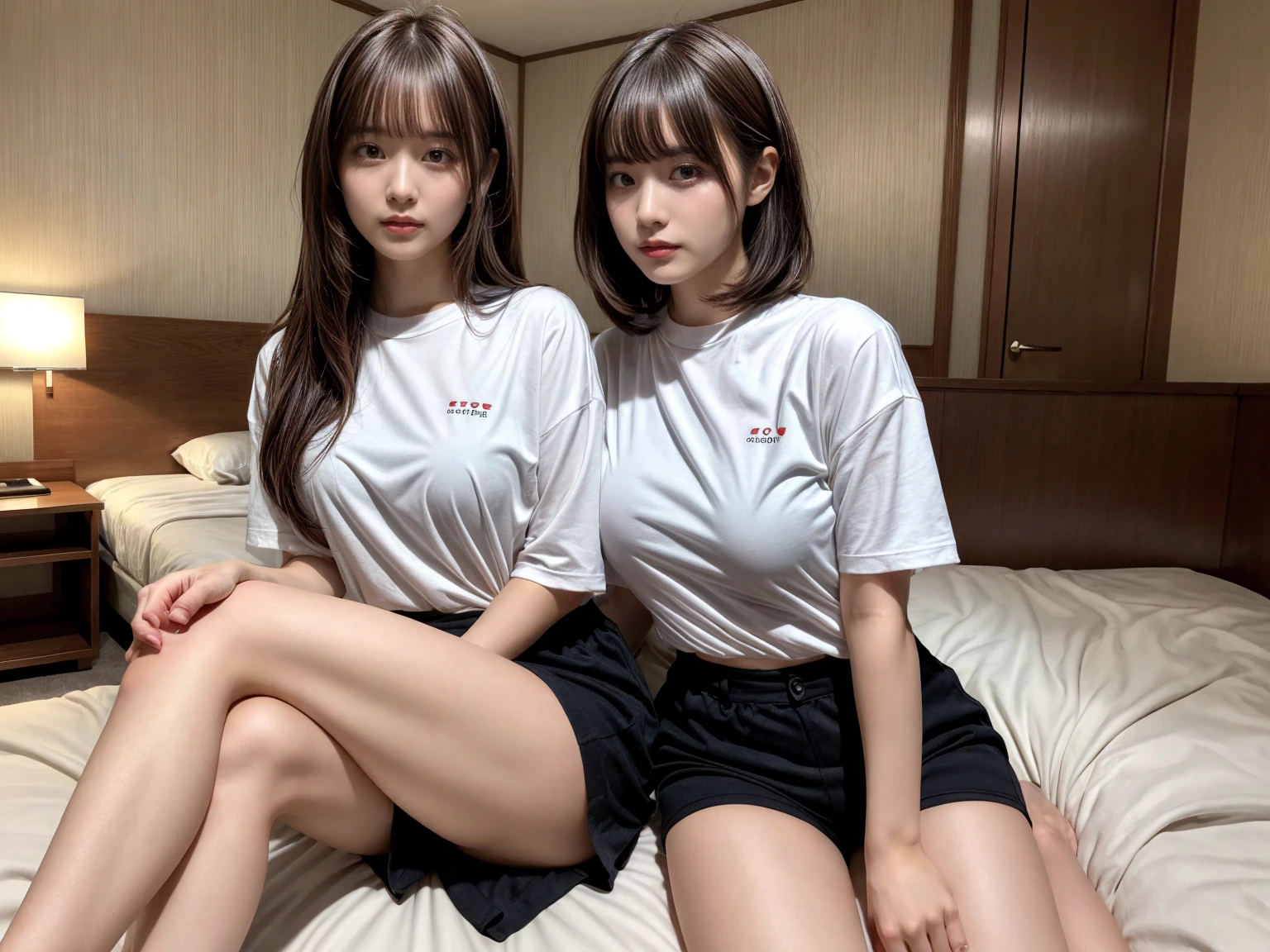masterpiece, best quality, illustration, Super detailed, fine details, High resolution, 8K,wall paper, perfect dynamic composition,(Details High quality, realistic depiction of eyes:1.3), (2 girls), oversized sport shirt, shorts women, sitting, open legs, short bob hair, in a hotel room in the background, deep on field, large breasts, black hair color, Big Natural Color Lip, (perfect body shape), crying a little、Harajuku style、20 year old girl、cute type、beautiful legs, Gravure Idol